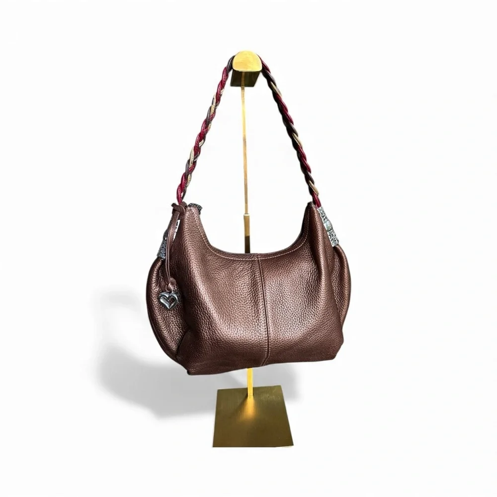 Brighton NWOT Braided Strap Pebbled Leather Hobo in Bronze with Heart Charm